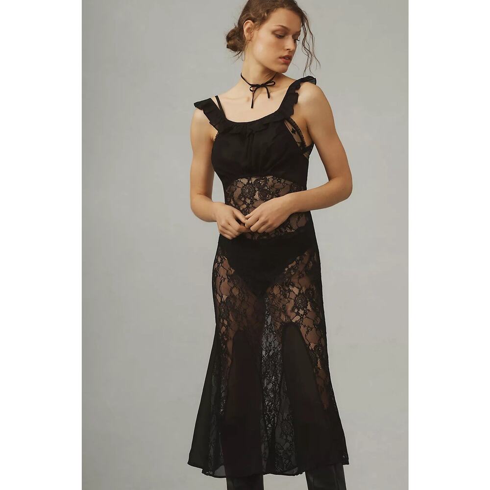 By Anthropologie Ruffle-Strap Sheer Lace Midi‎ Dress Black Size S